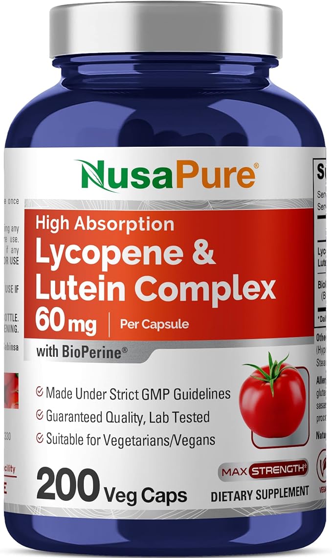 NusaPure Lycopene & Lutein Complex 60mg per Caps, 200 Veggie Capsules (Non-GMO, Vegan)