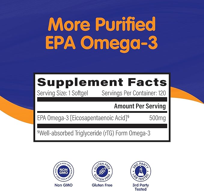 OmegaVia EPA 500, Purified Omega-3 Fish Oil Supplement, 500 mg EPA in Triglyceride Form, Burpless Fish Oil, Non-GMO, Gluten-Free, IFOS 5-Star, 120 Softgels (Pack of 2)