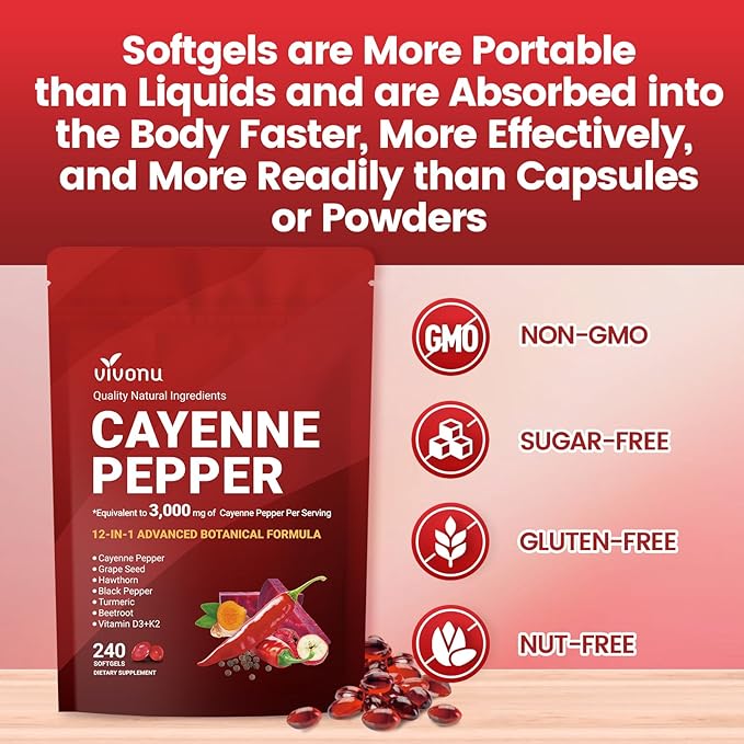 VivoNu Cayenne Pepper Softgels Supplement, Supports Leg Vein, Heart and Blood Vessel Health, with Vitamin E D3+K2 and Extracts of Grape Seed, Hawthorn, Beetroot, Berberine (Softgel / 1 Bag)
