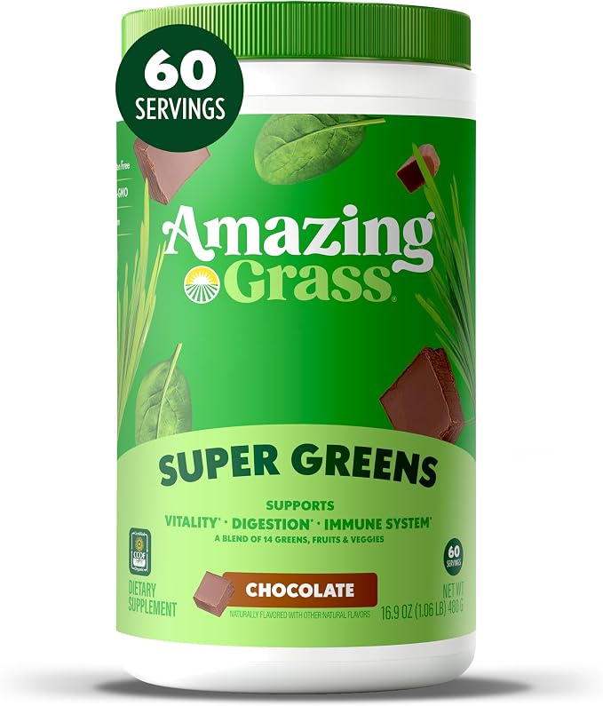 Amazing Grass Greens Blend Superfood: Super Greens Powder Smoothie Mix with Organic Spirulina, Chlorella, Beet Root Powder, Digestive Enzymes & Probiotics, Chocolate, 60 Servings (Packaging May Vary)