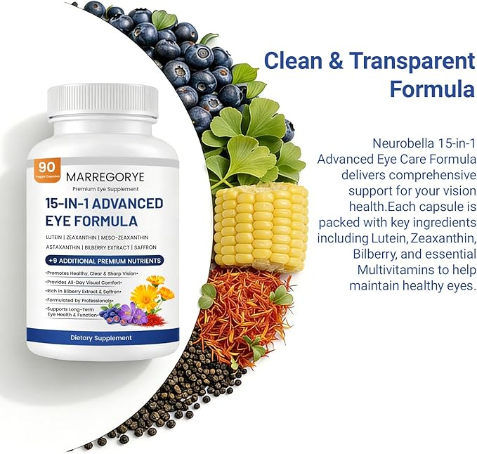 Neurobella Eye Care Formula, 15-in-1 Advanced Eye Care Formula, Eye Nutrition Support Capsules. Contains Lutein, zeaxanthin, Bilberry and Multiple Vitamins. Neurobella Eye Vitamins, 90 Capsules.