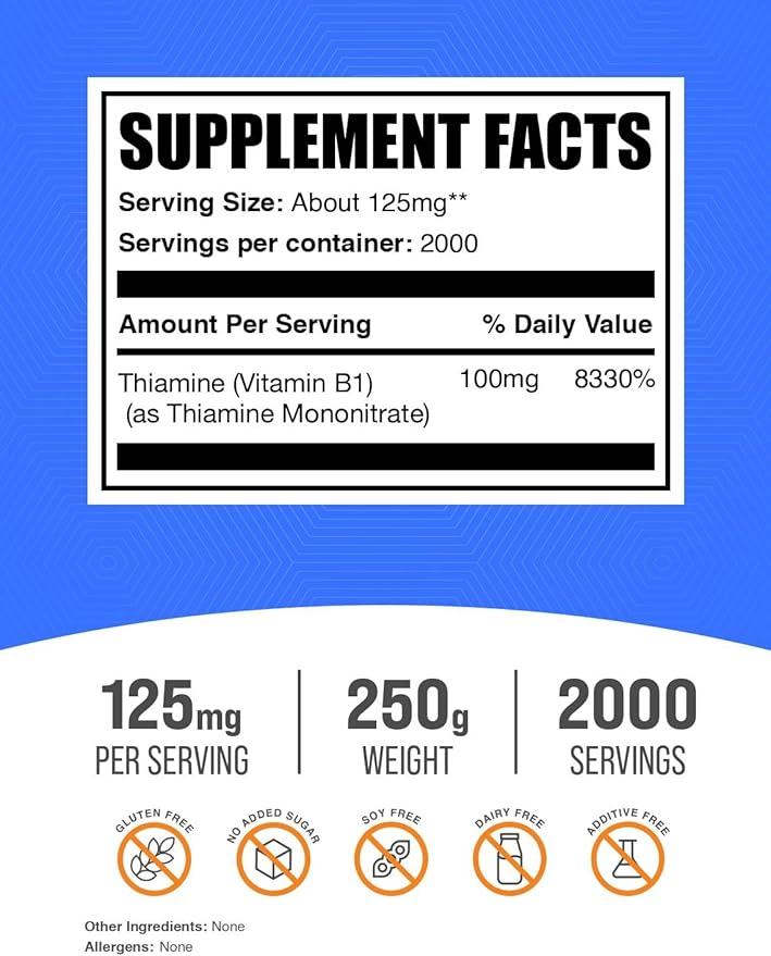 BulkSupplements.com Thiamine Mononitrate Powder - Vitamin B1 Powder, Thiamine B1 Supplement - B1 Vitamins, Gluten Free, 125mg per Serving, 250g (8.8 oz) (Pack of 1)