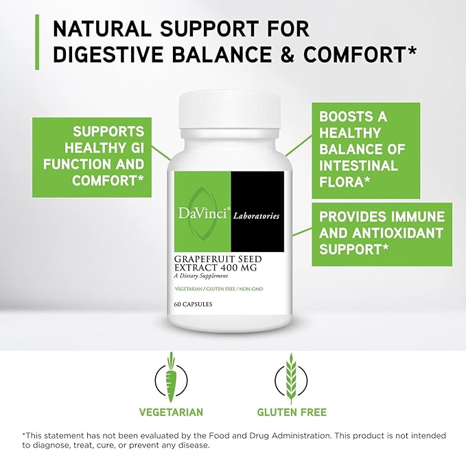 DAVINCI Labs Grapefruit Seed Extract 400 mg - Supports GI & Digestive Gut Health - Gluten Free, Vegetarian - 60 Capsules (30-Day Supply)