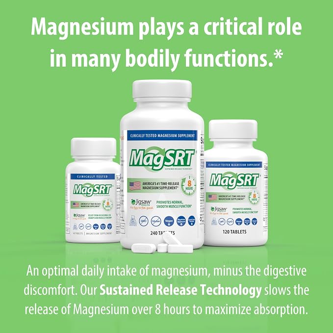 Jigsaw Health MagSRT | Magnesium Supplement with Vitamin B6, Folate & B12 | 60 Tablets | 15 Servings