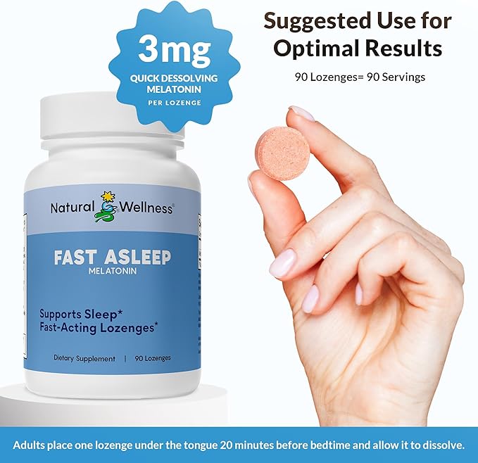 Natural Wellness Fast Asleep – Rapid-Acting Melatonin Lozenges for Restful Sleep, Relaxation & Jet Lag Relief –Fast-Dissolving Cherry Flavor Sleep Aid – Non-Habit Forming, Wake Refreshed – 90 Lozenges