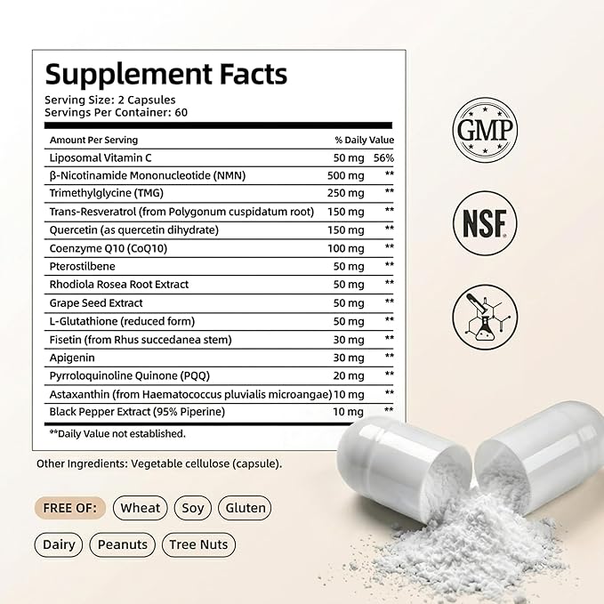NMN Supplement 1500mg per Serving 15-in-1 Complex Formula with Nicotinamide Mononucleotide, CoQ10, Quercetin, TMG, Resveratrol Supports Cellular Energy & NAD+ Balance 120 Capsules