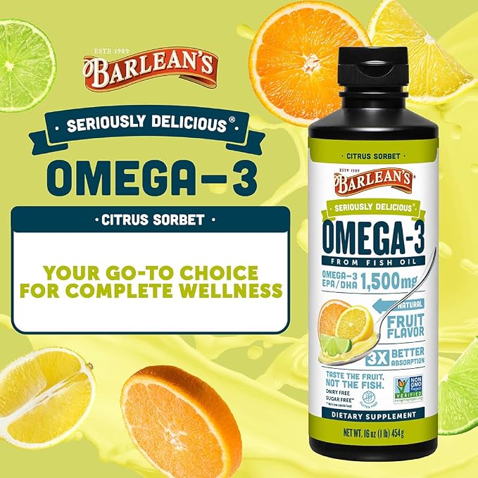 Barlean's Omega 3 Fish Oil Liquid Supplement for Men and Women, 1500mg of EPA and DHA Fatty Acid, Promotes Brain & Heart Health - Non-GMO, Citrus Sorbet, 16 oz