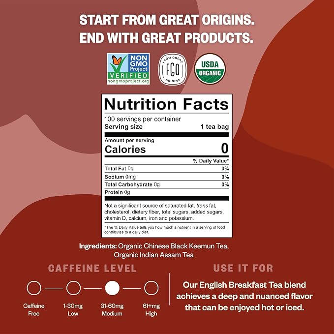 FGO Organic English Breakfast Black Tea, 100 Count, Eco-Conscious Tea Bags, Resealable Bag, Packaging May Vary (Pack of 1)