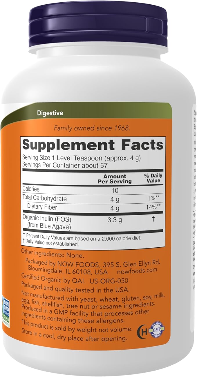 NOW Foods Supplements, Inulin Prebiotic Pure Powder, Certified Organic, Non-GMO Project Verified, Intestinal Support*, 8-Ounce