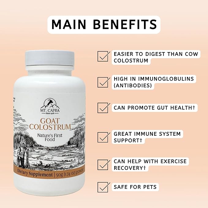 Mt. Capra Goat Colostrum | for Healthy Immune System, Gut, and Athletic Performance | Grass-Fed, High in Immunoglobulins | 17 Servings - 50 Grams