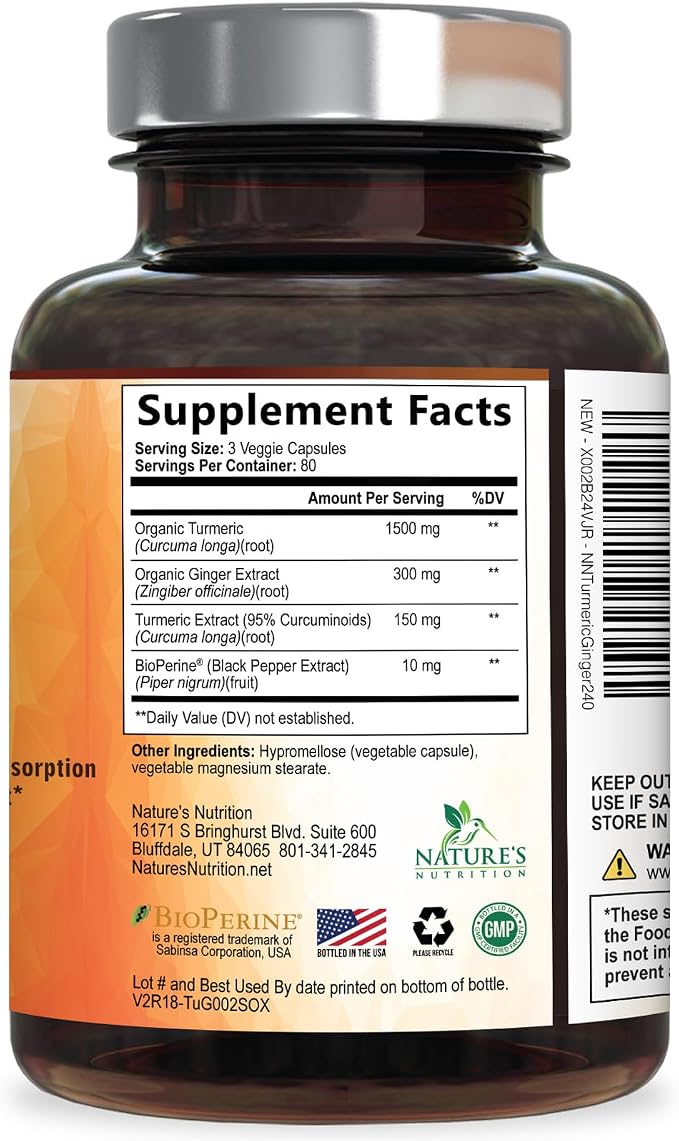 Turmeric Curcumin Supplement - 95% Curcuminoids with Organic Turmeric & Ginger, BioPerine Black Pepper Extract for Best Absorption, Natural Vegan Joint Support, Non-GMO, Bottled in USA - 240 Capsules