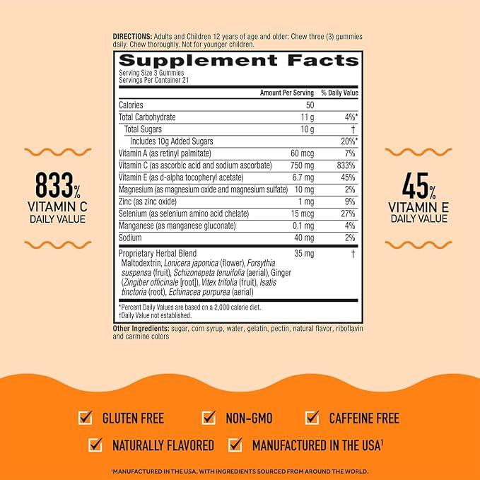 Airborne Immune Support Gummies, Zesty Orange Flavor, 63 ct - 750 mg Vitamin C + Vitamins A, D & E + Zinc, Selenium, and Manganese | with Herbal Blend | Naturally Flavored (4 Pack)