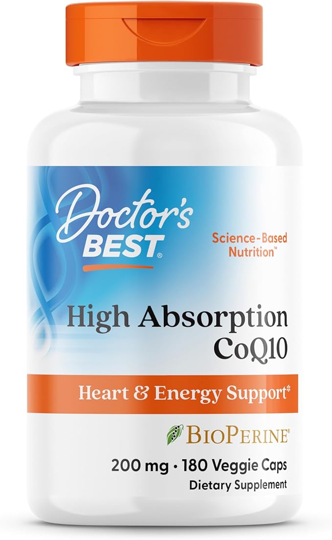 Doctor's Best High Absorption CoQ10 200mg with BioPerine Supplement - Coenzyme Q10 Caps for Heart Health & Antioxidant Support, CoQ10 200 mg for Women & Men, Non GMO - 180 Veg Capsules