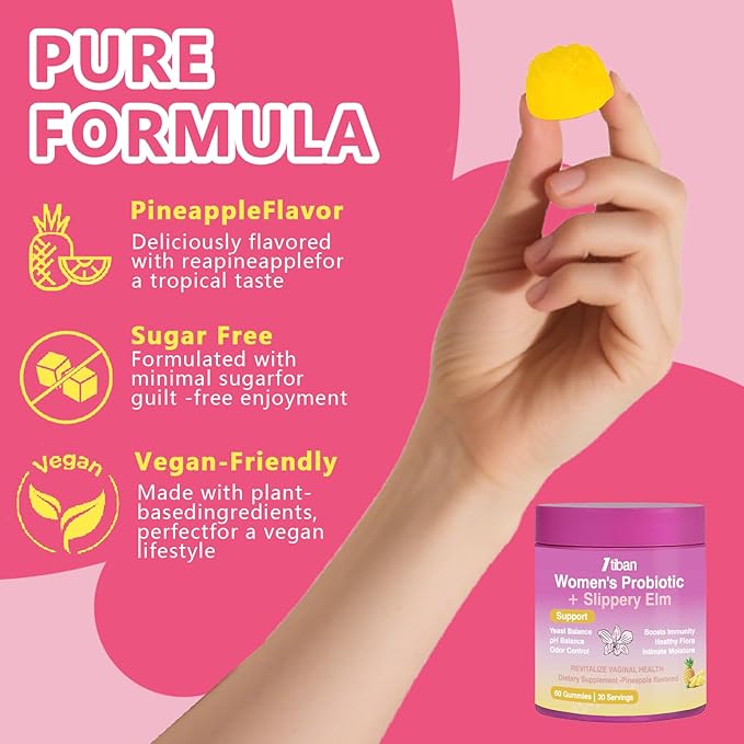 Feminine Vaginal Probiotics Gummies, Supports pH Balance & Digestive Health, Slippery Elm for Women, Suagr-Free, Veagn, Pineapple Flavor, 60 Count