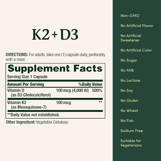 Nature's Bounty Supplement, 4000 IU Vitamin D3 Plus 100 mcg of Vitamin K Supplements for Adults for Heart & Bone Health Support, 60 Day Supply, 60 Vegetarian Capsules (Pack of 2)