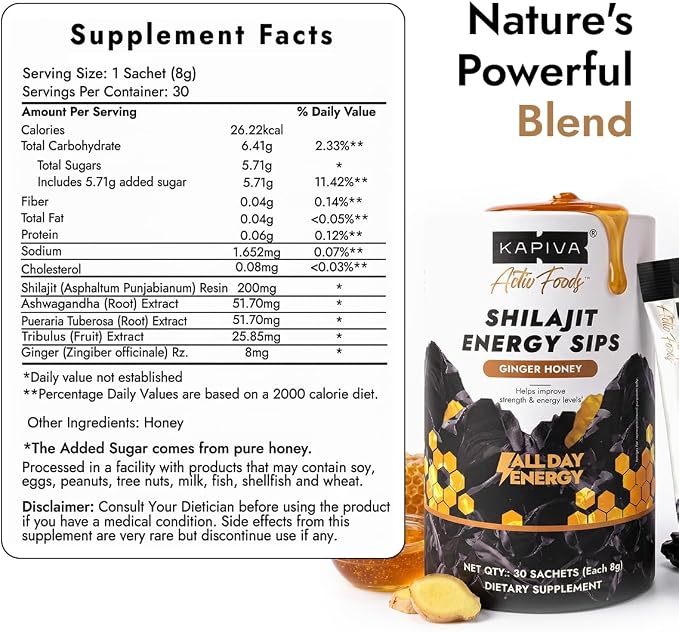Kapiva Shilajit Honey Sticks, 7500mg Pure Shilajit, Easy-to-Consume On-the-Go Sticks, Energy & Stamina Support, Ginger Honey Flavor, 30 Count