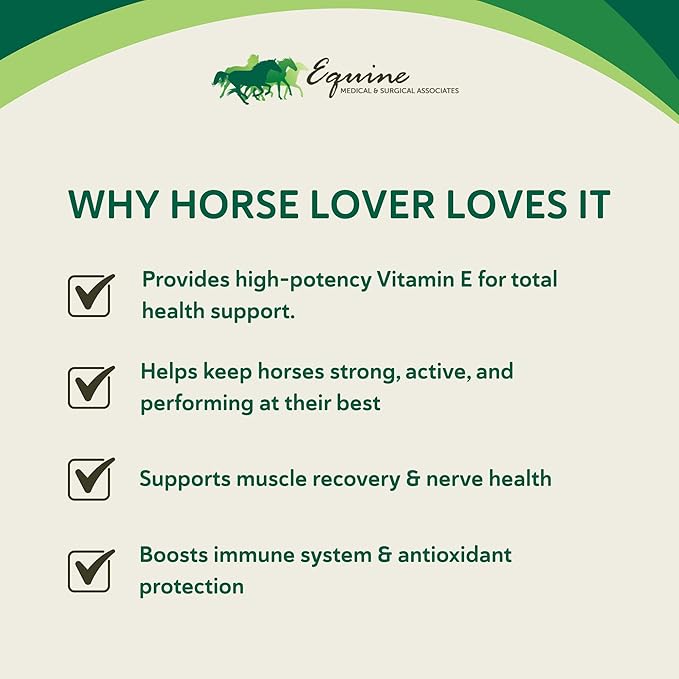 Vitamin E Supplement for Horses, High-Potency dl-Alpha Tocopherol Powder, Supports Immune Muscle Skin and Nerve Wellness, Low Sugar Starch and Fructans (60 Servings)