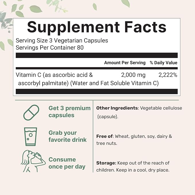 Pure Vitamin C 2,000mg, 240 Veggie Capsules | Highly Bioavailable Fat & Water Soluble Forms | Max Potency | Antioxidant & Immune Support Supplement | Easily Absorbed, Non-GMO, Filler Free