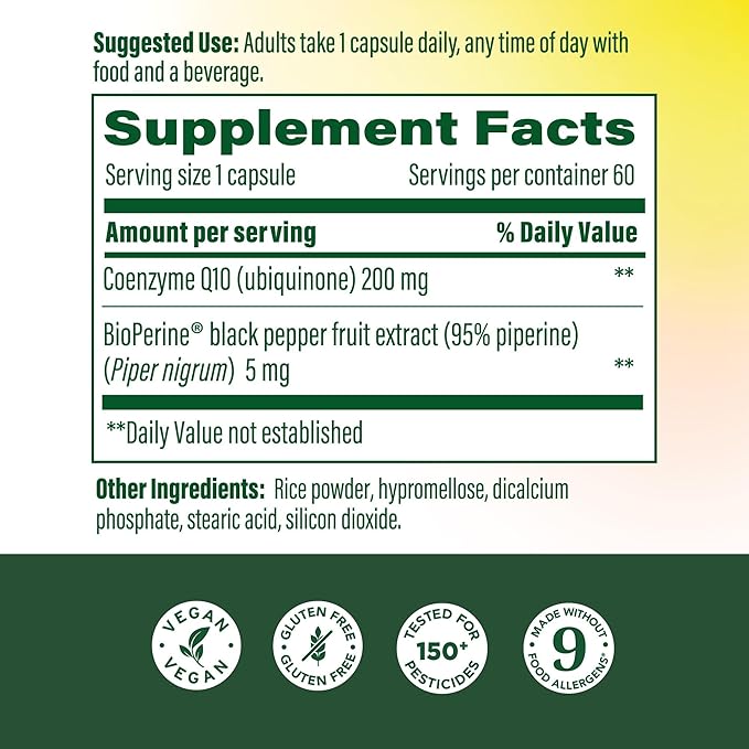 MegaFood High Absorption CoQ10 200mg Per Serving - with BioPerine Black Pepper Extract - Antioxidant Support for Cellular Energy & Healthy Aging - 60 Heart Health Supplements Capsules, 60 Servings