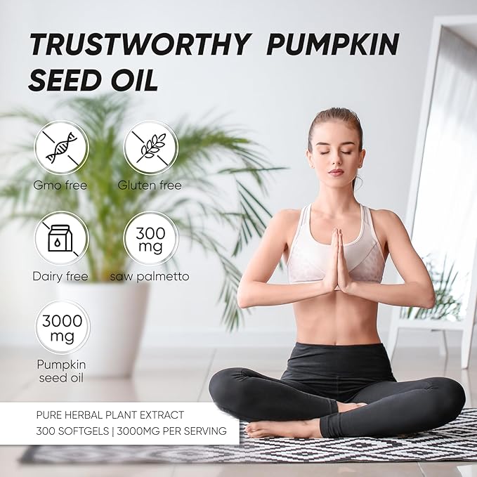 Pumpkin Seed Oil Capsules | 300 Softgels Pumpkin Seed Oil 2 in 1 with Saw Palmetto | Hair Growth＆Shedding Reduction | Plant-Based Formula | 3000mg Cold Pressed