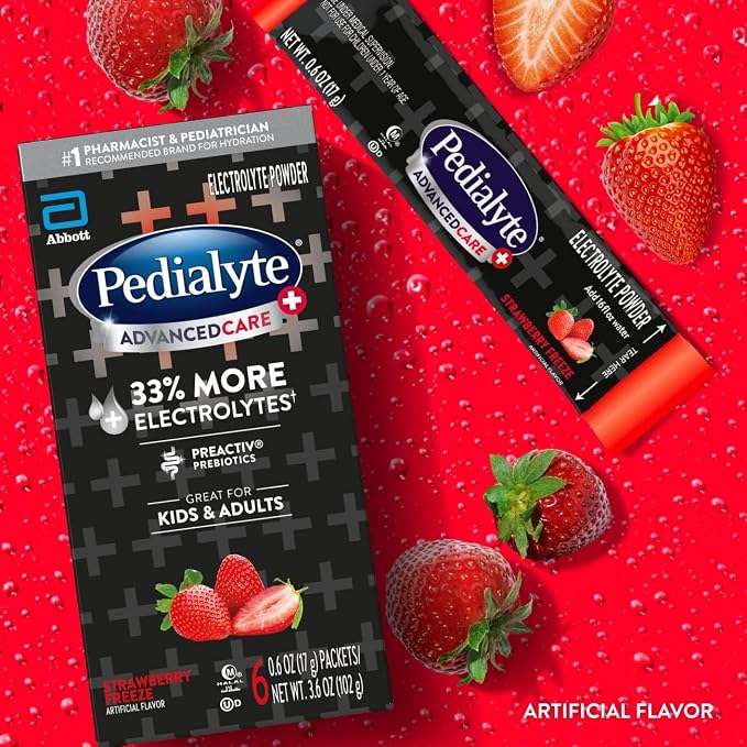 Pedialyte AdvancedCare Plus Electrolyte Powder, Has 33% More Electrolytes and PreActiv Prebiotics, Strawberry Freeze, 6 Powder Packets (Pack of 3)