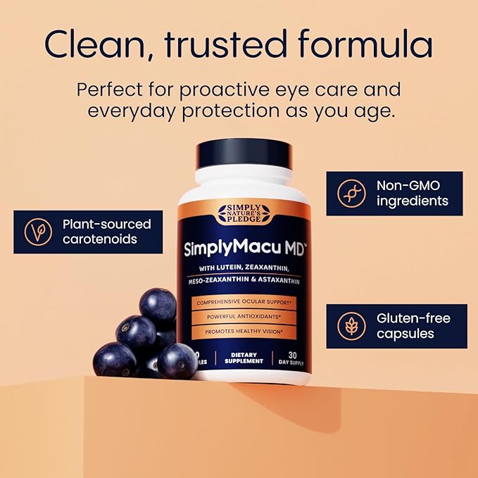 Simply Macu MD – Advanced Vision Support Supplement with Lutein, Zeaxanthin, Meso-Zeaxanthin & Astaxanthin – Bilberry Extract – Vegan, Non-GMO, Gluten Free – 30 Day Supply (30 Capsules)