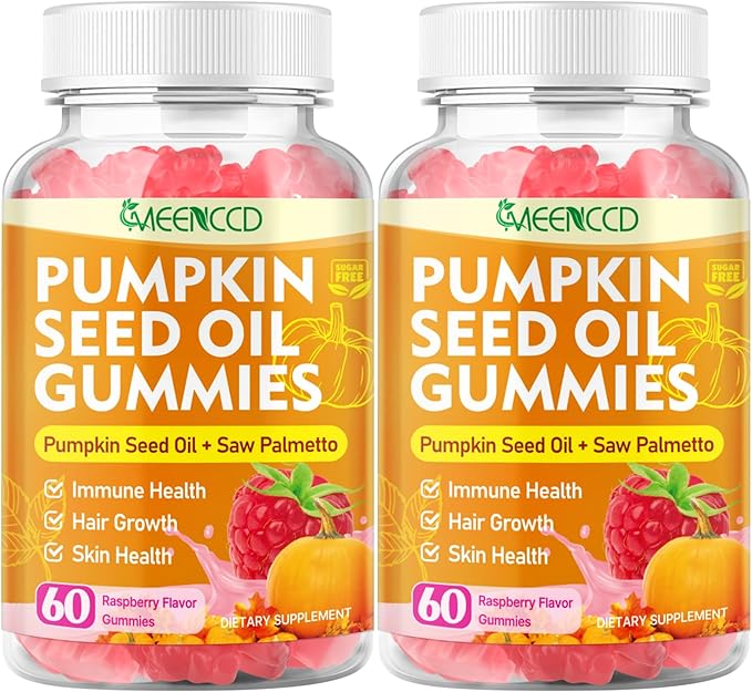 2 Pack Pumpkin Seed Oil Gummies with Saw Palmetto, Pumpkin Seed Oil for Hair and Skin Health, Pumpkin Seed Extract for Women Men, Sugar-Free, Raspberry Flavor, 120 Count