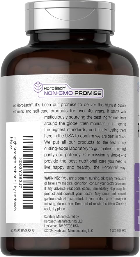 Horbäach Prebiotic for Men and Women | 120 Powder Pills | High Strength & Premium Quality Supplement | Non-GMO & Gluten Free Quick Release Capsules