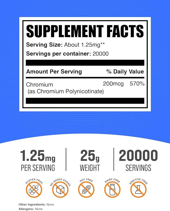 BulkSupplements.com Chromium GTF Powder - Chromium Polynicotinate - Gluten Free & Yeast Free, 1.25mg per Serving (200mcg), 25g (0.88 oz) (Pack of 1)