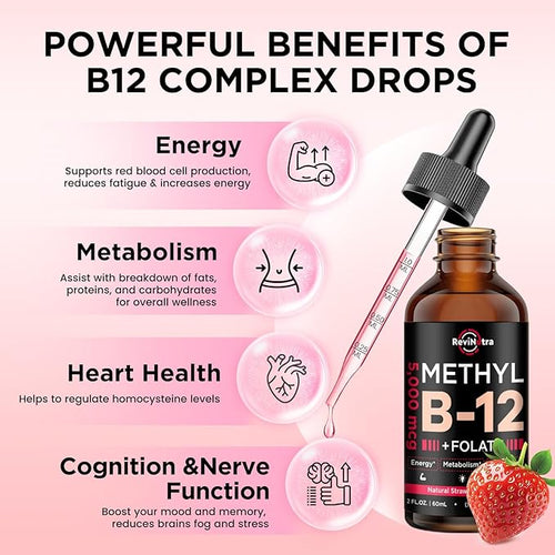 (2 Pack) Vitamin B12 liquid Drops, B12 vitamins 5000 mcg, Vitamin B Complex Supplement with Methylcobalamin B12 Sublingual, Vitamin B6, Folate for Energy, Brain, Heart Health, Vegan Strawberry Flavor