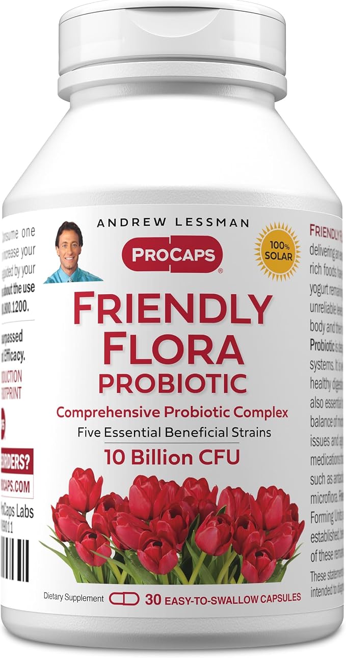 ANDREW LESSMAN Friendly Flora Probiotic 30 Capsules - 10 Billion CFU, Comprehensive Blend of Five Probiotic Strains, Powerful Immune and Digestive Support. Probiotics for Women or Men