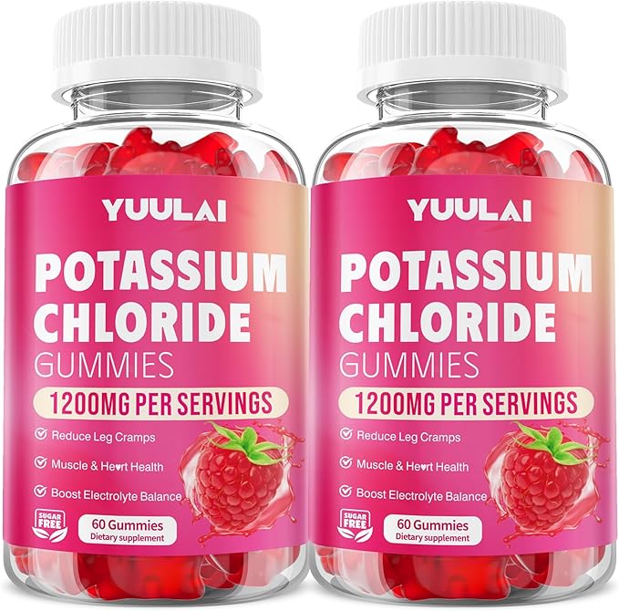Pack of 2 Potassium Gummies, Potassium Chloride Gummies 1200mg for Adults, Sugar-Free Potassium Supplement Support Leg Cramps & Electrolyte Balance, Raspberry Flavor, 120 Count