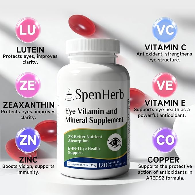Eye Vitamin and Mineral Supplement Vision Support 120 Vegan Soft Gels, Contains Lutein, Zeaxanthin, Vitamin C & E, Zinc, Copper, Eye Health Supplements for Adults, 1 Pack