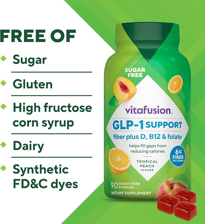 Vitafusion GLP1 Gummy Supplement | 90 Sugar Free Gummies | Vitamin & Mineral Blend with Fiber, D3, B12, and Folate | for Women & Men | Tropical Peach Flavor | Gluten Free Formula