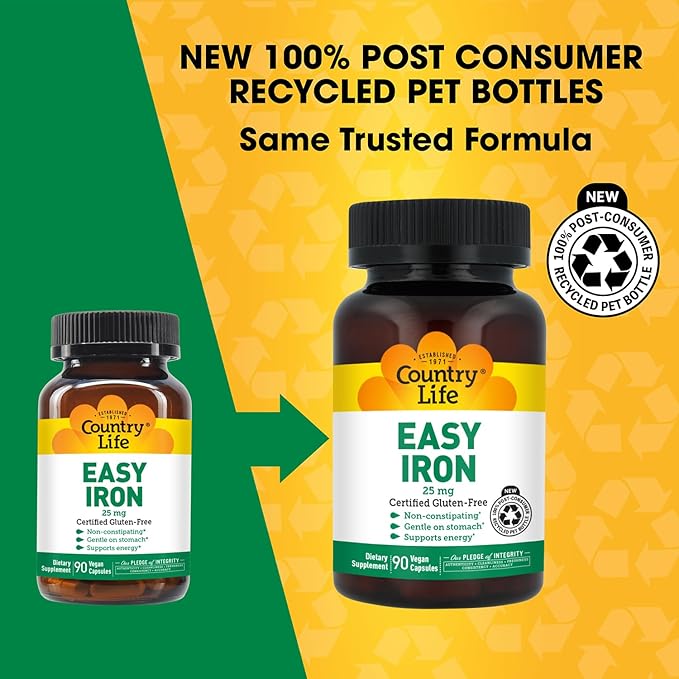 Country Life Easy Iron 25 mg | Gentle, Non-Constipating Iron Supplement | Supports Energy & Red Blood Cell Production | Certified Gluten-Free & Vegan | 90 Vegan Capsules