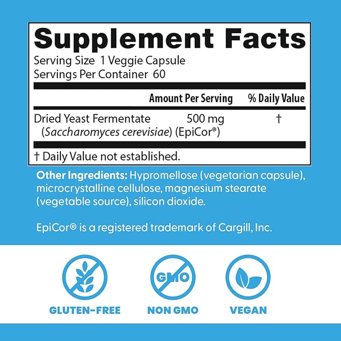 Doctors Best EpiCor Immune Support Postbiotic Supplement - 500 mg Dried Yeast Fermentate Per Capsule, Immune & Gut Health Support for Men & Women, Non-GMO, Gluten Free, Vegan - 60 Veg Caps