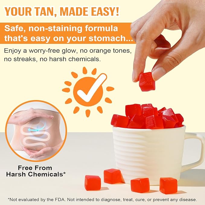 Daily Tanning Gummies - Natural Sun-Free Glow - with L-Tyrosine & Beta-Carotene to Enhance Tan, Nourish & Protect Skin, Watermelon Flavor, 60 Count