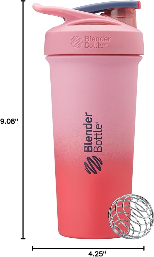 BlenderBottle Sport Sleek Insulated Stainless Steel Shaker Bottle with Wire Whisk, Protein Shakes & Hydration for Athletes & Fitness Enthusiasts, Lockable Lid, 25-Ounce, Flamingo Ombre