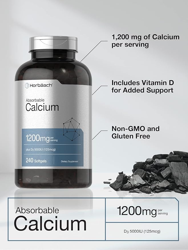Horbäach Calcium 1200 mg with Vitamin D3 | 240 Softgels | 5000 IU Vitamin D3 | Absorbable Calcium Supplement for Women and Men | Non-GMO, Gluten Free