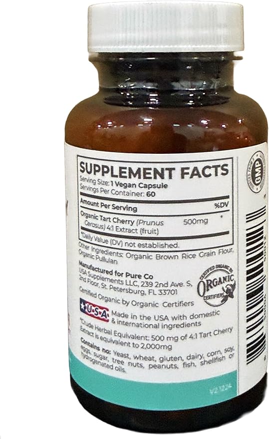 Organic Tart Cherry Capsules - High Strength Organic Tart Cherry 500mg 4:1 Extract- 1 Capsule Per Serving for Uric Acid Support - Vegan Non-GMO & Made in the USA (2 Months Supply)