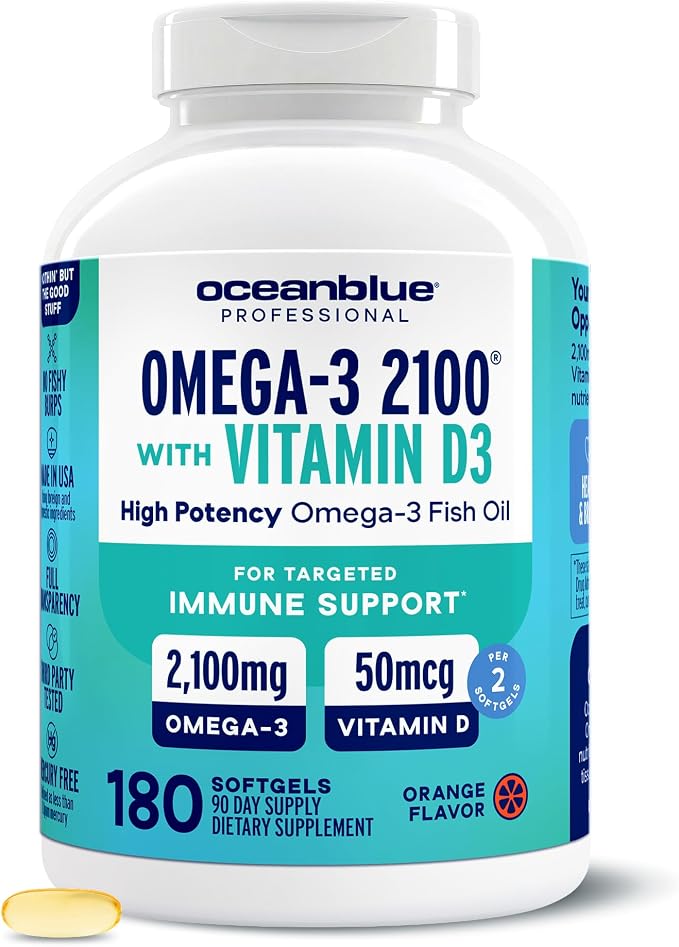 Oceanblue Professional Fish Oil with Vitamin D3 | Triple Strength 2100mg Omega-3 DPA EPA DHA | Wild Caught | Burpless Orange Flavor | 180 Softgel Capsules