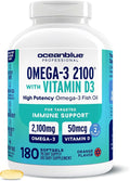 Oceanblue Professional Fish Oil with Vitamin D3 | Triple Strength 2100mg Omega-3 DPA EPA DHA | Wild Caught | Burpless Orange Flavor | 180 Softgel Capsules