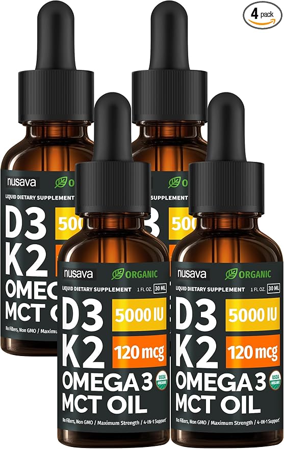 (4 Pack) Organic Vitamin D3 K2 Drops with MCT Oil Omega 3, 5000 IU - Maximum Strength Vitamin D Liquid, No Fillers, Non-GMO Liquid D3 for Faster Absorption and Immune Support, Unflavored, 4 Fl Oz