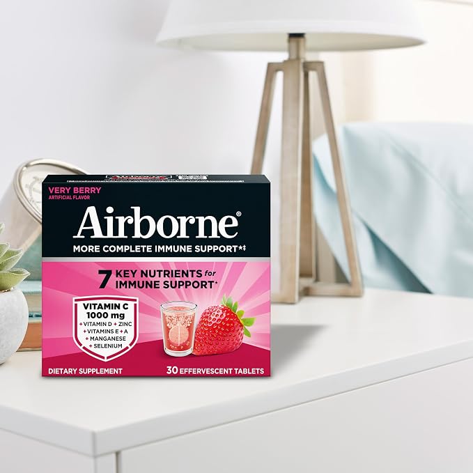 Airborne Variety Pack 1000mg Vitamin C with Vitamin D & Zinc, Sugar Free Multivitamin Immune Support Supplement, Antioxidants Vitamins A C & Vitamin E, 30 Effervescent Tablets, Citrus + Verry Berry