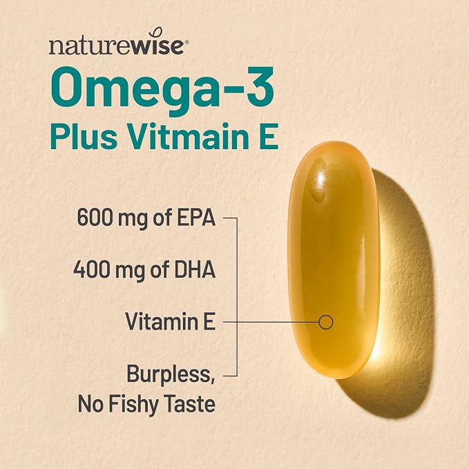 NatureWise Extra-Strength Omega 3 Fish Oil Supplement - 1000mg per Serving - 600 EPA & 400 DHA and Vitamin E - Support for Heart & Brain Health - Lemon Flavor, GMO-Free - 60 Softgels[1-Month Supply]