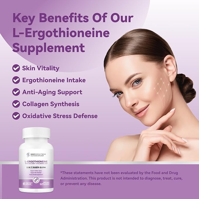 Inner Brightness L-Ergothioneine Supplements with Hyaluronic Acid & Collagen for Women, Non-GMO, Gluten Free, Vegan, Promotes Longevity & Healthy Aging, 60 Capsules