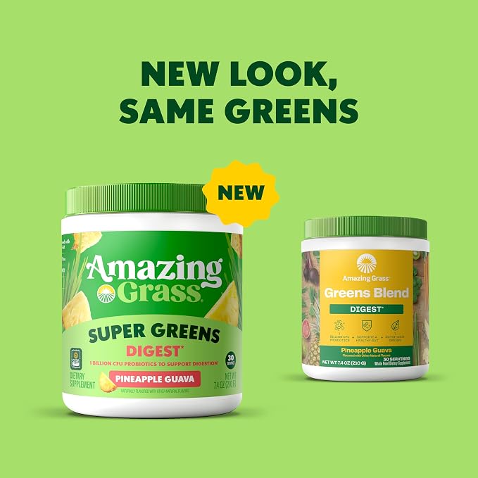 Amazing Grass Greens Blend Digest: Super Greens Powder Smoothie Mix for Digestion Support with Organic Spirulina, Chlorella, Beet Root Powder, Digestive Enzymes & Probiotics, 30 Servings
