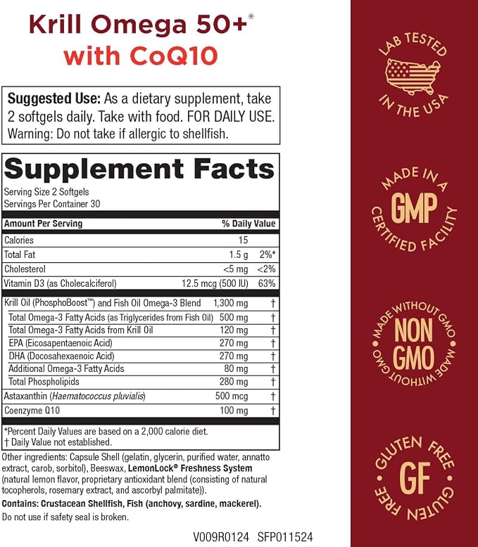 Krill Omega 50 Plus w/ CoQ10 from Purity Products - 1300mg Krill Oil and Fish Oil Blend - 100mg CoQ10-500mg Natural Astaxanthin - Support for Cardio, Joint and Brain Health - 60 Mini Soft Gels