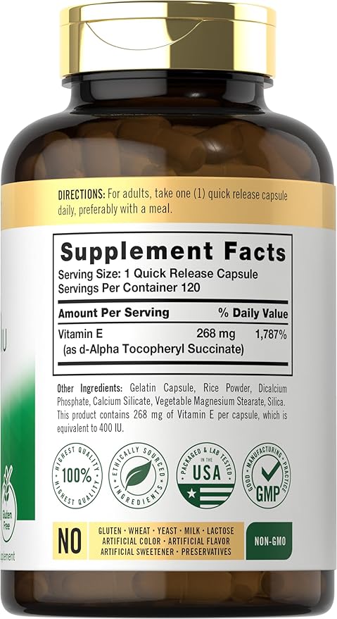 Carlyle Dry Vitamin E 400 IU | 120 Capsules | D-Alpha Tocopheryl | High Potency Formula | Non-GMO and Gluten Free