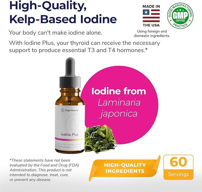 Iodine Plus - Kelp-Based Liquid Supplement Supports Thyroid - Boosts Energy, Improves Sleep, and Enhances Mental Clarity, 180 0.04% Iodine Servings